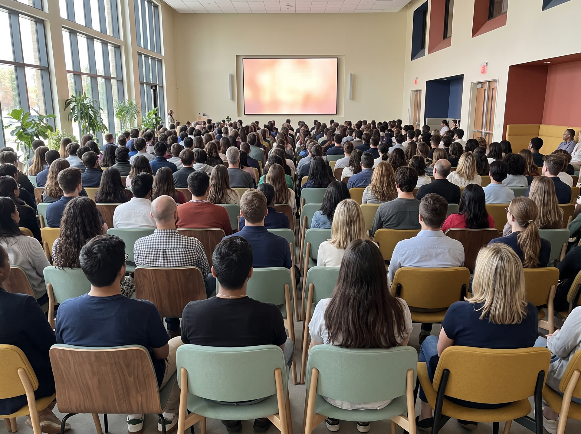 Moderne, vollbesetzte Schul-Aula mit Publikum von hinten, Blick nach vorne zum Bildschirm