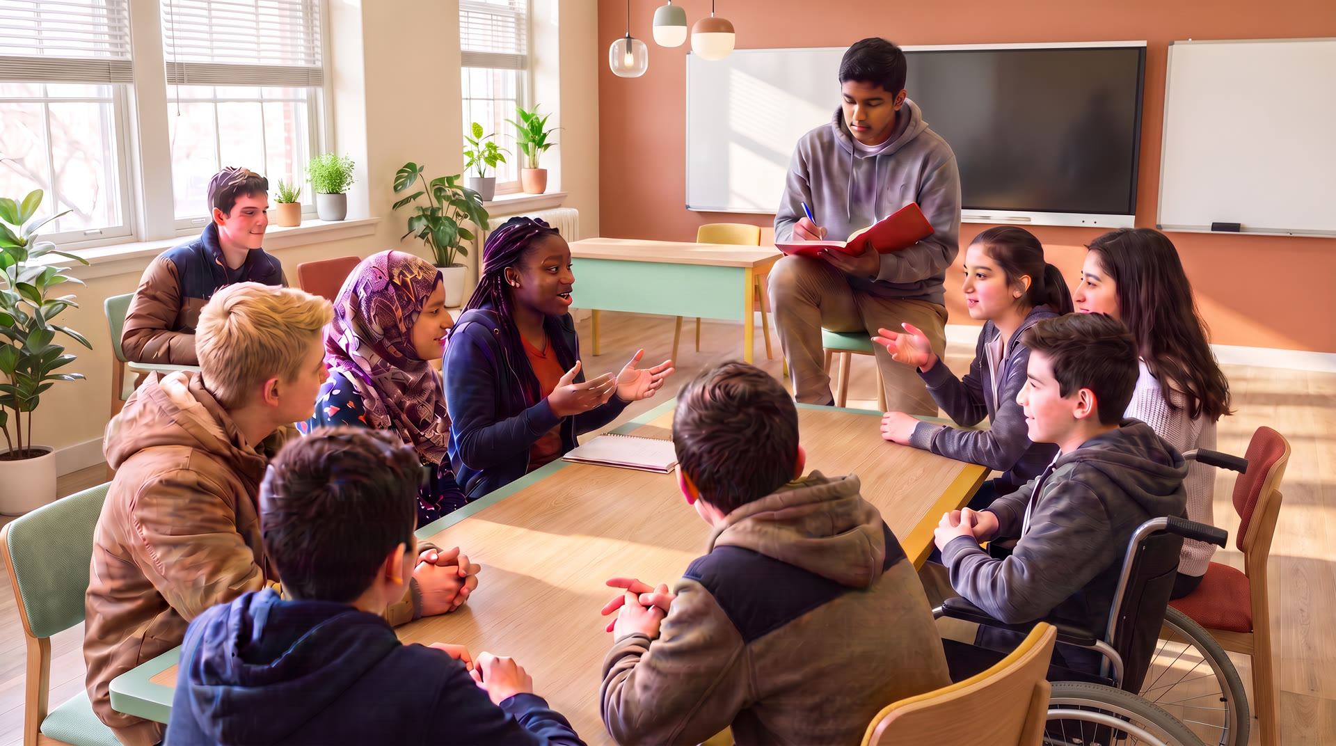Etwa zehn Jugendliche unterschiedlicher Herkunft diskutieren an einem Tisch in einem modernen, hellen Klassenraum