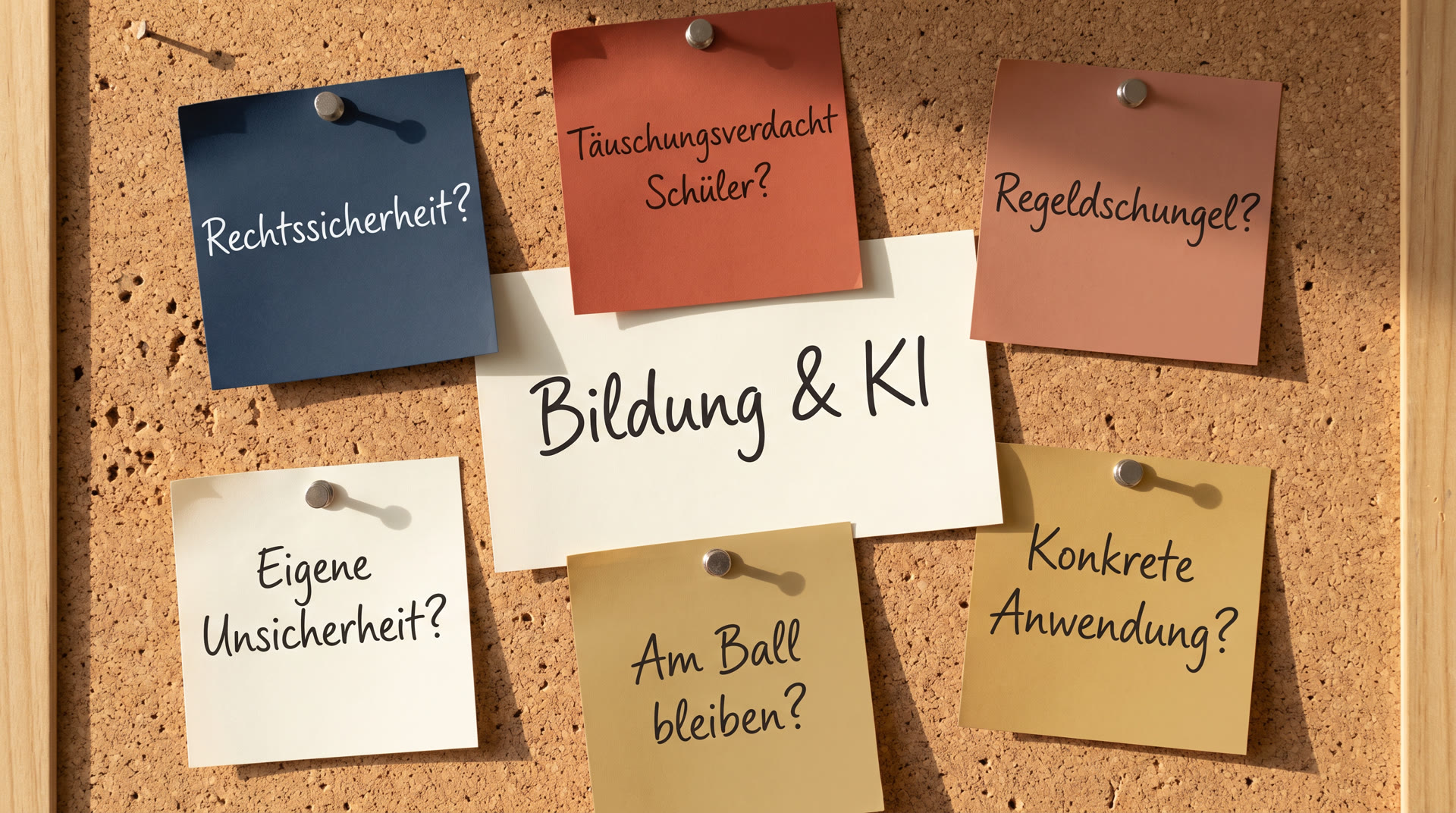 Pinnwand mit sechs Post-its mit Fragen zu KI in der Schule: Rechtssicherheit, Täuschungsverdacht, Regeldschungel, eigene Unsicherheit, am Ball bleiben, konkrete Anwendung — in der Mitte ein Post-it mit 'Bildung & KI'